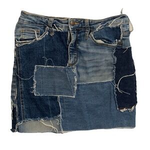 Handmade Denim Skirt Womens Y2K Patchwork Frayed Mini Blue Distressed Rockabilly